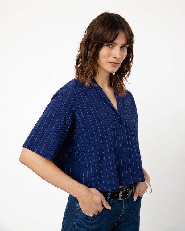 Kurzes Gestreiftes Bowling Shirt Bio Baumwolle - Dunkelblau Schn?ppchen – Bild 3